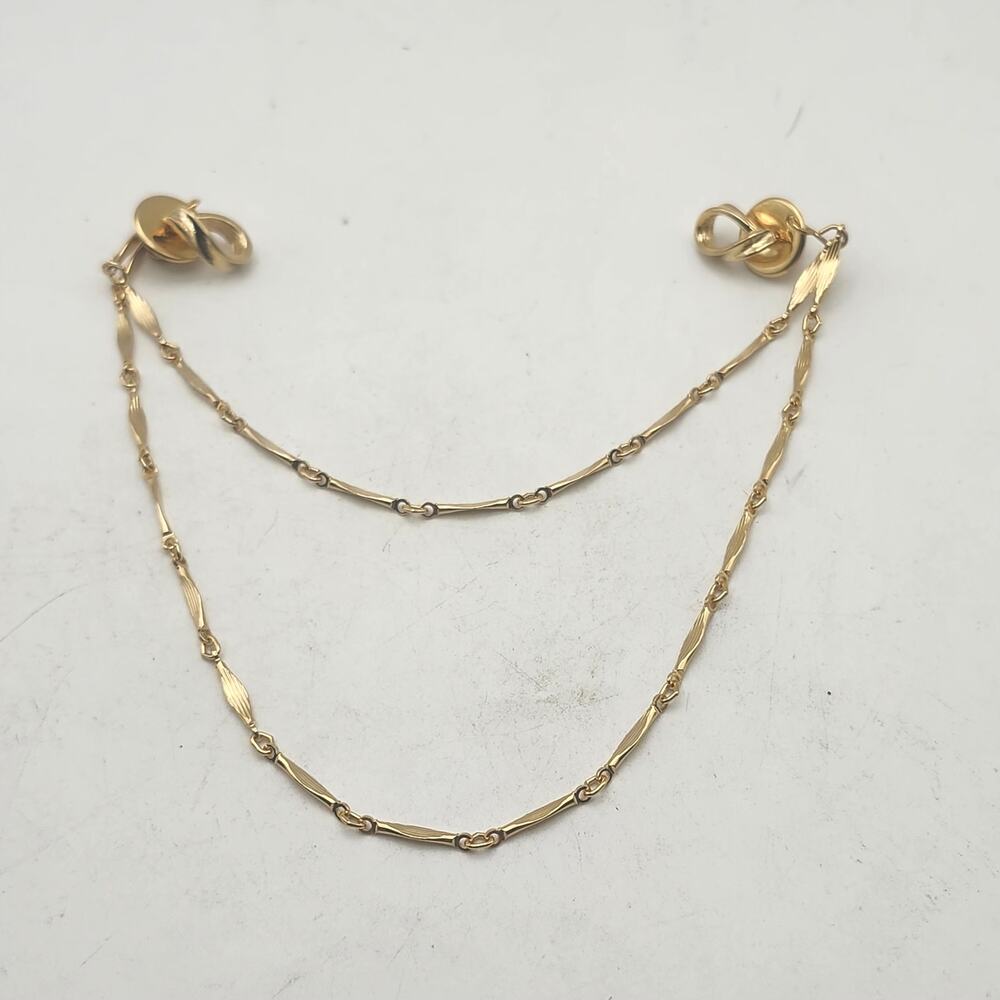 Vintage Gold Tone Sweater Guard Cardigan Clips Double Chain Textured Bar Pair